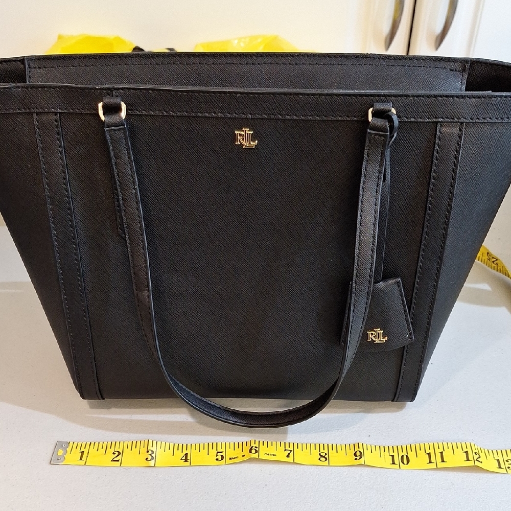 Ralph Lauren Black Tote Bag with Textured Fabric and Leather Handles